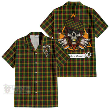 MacMillan (McMillan) Tartan Hawaiian Shirt with Family Crest and Bearded Skull Holding Bottles of Whiskey