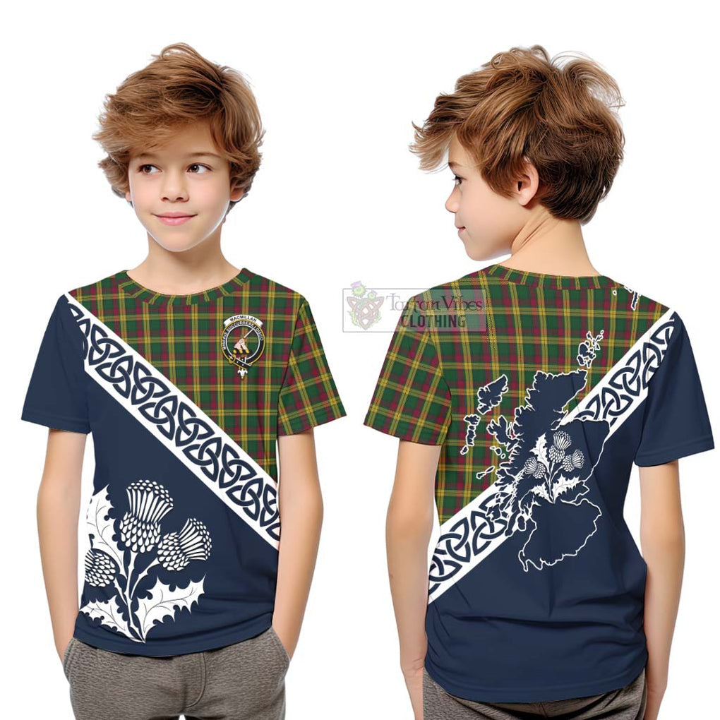 Tartan Vibes Clothing MacMillan (McMillan) Tartan Kid T-Shirt Featuring Thistle and Scotland Map