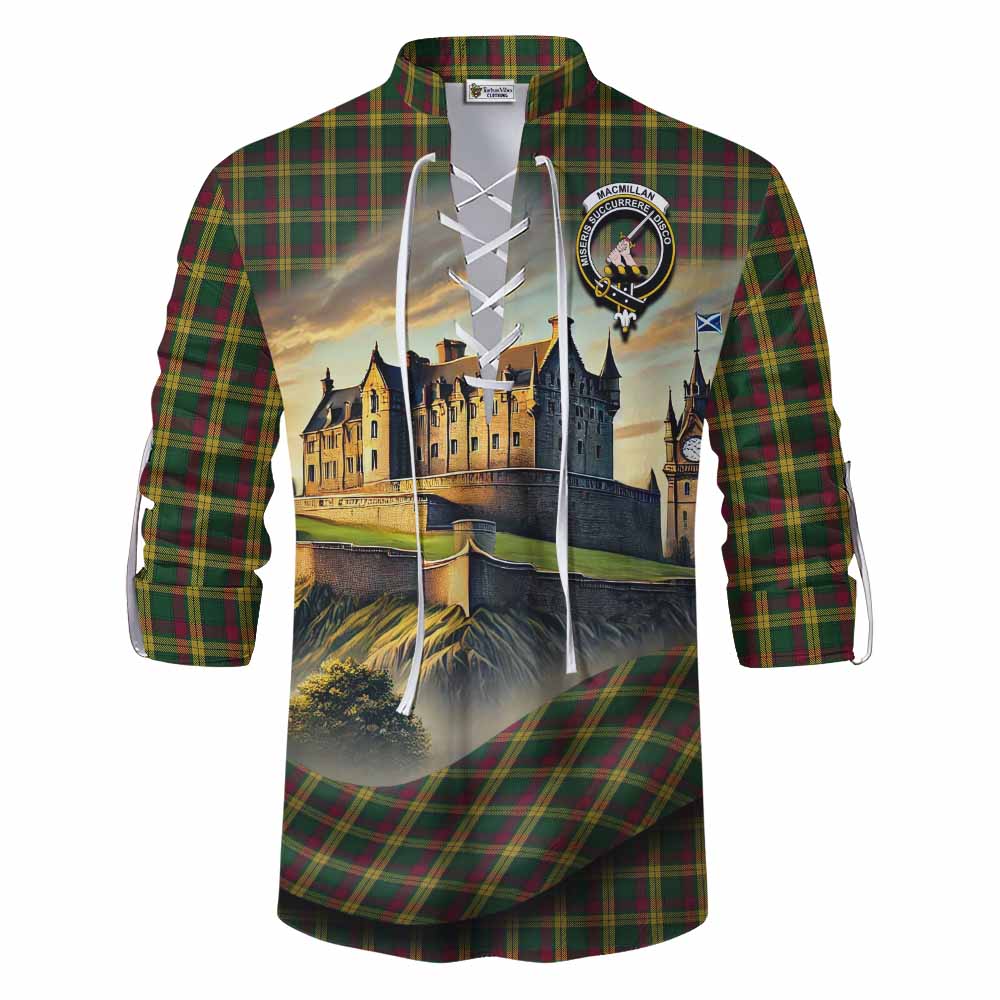 Tartan Vibes Clothing MacMillan (McMillan) Tartan Family Crest Ghillie Kilt Shirt with Scottish Ancient Castle Style
