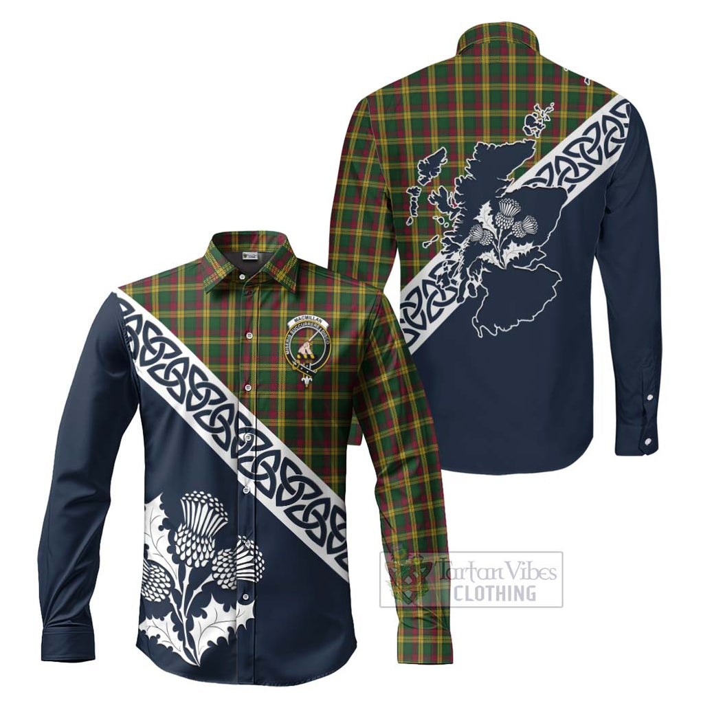 Tartan Vibes Clothing MacMillan (McMillan) Tartan Long Sleeve Button Shirt Featuring Thistle and Scotland Map
