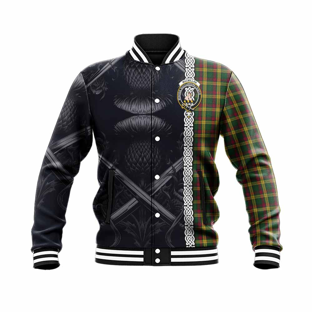 Tartan Vibes Clothing MacMillan (McMillan) Tartan Baseball Jacket with Family Crest Cross Sword Thistle Celtic Vibes