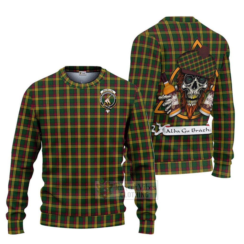 Tartan Vibes Clothing MacMillan (McMillan) Tartan Knitted Sweater with Family Crest and Bearded Skull Holding Bottles of Whiskey