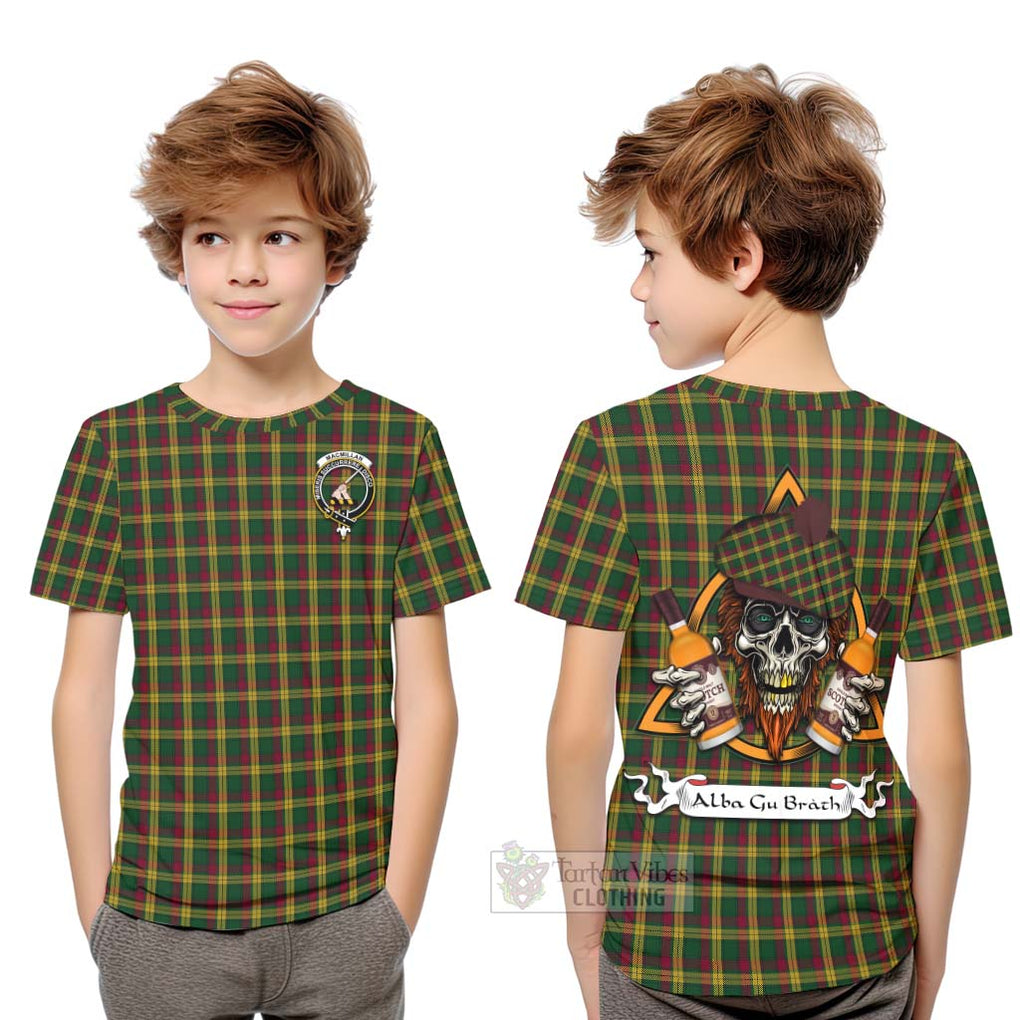 Tartan Vibes Clothing MacMillan (McMillan) Tartan Kid T-Shirt with Family Crest and Bearded Skull Holding Bottles of Whiskey