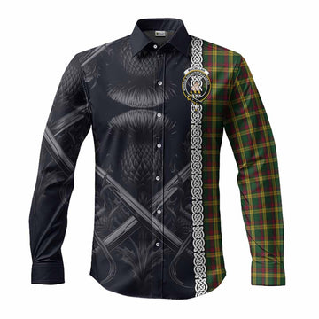 MacMillan (McMillan) Tartan Long Sleeve Button Shirt with Family Crest Cross Sword Thistle Celtic Vibes