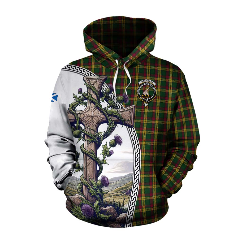 Tartan Vibes Clothing MacMillan (McMillan) Tartan Cotton Hoodie with Family Crest and St. Andrew's Cross Accented by Thistle Vines