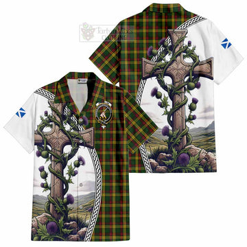MacMillan (McMillan) Tartan Hawaiian Shirt with Family Crest and St. Andrew's Cross Accented by Thistle Vines