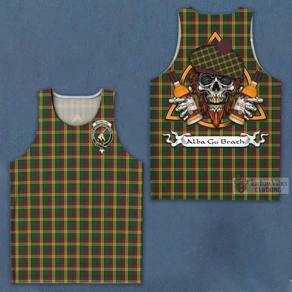 Tartan Vibes Clothing MacMillan (McMillan) Tartan Men's Tank Top with Family Crest and Bearded Skull Holding Bottles of Whiskey