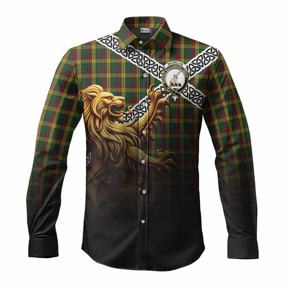 Tartan Vibes Clothing MacMillan (McMillan) Crest Tartan Long Sleeve Button Shirt with Golden Lion Emblem Celtic Style