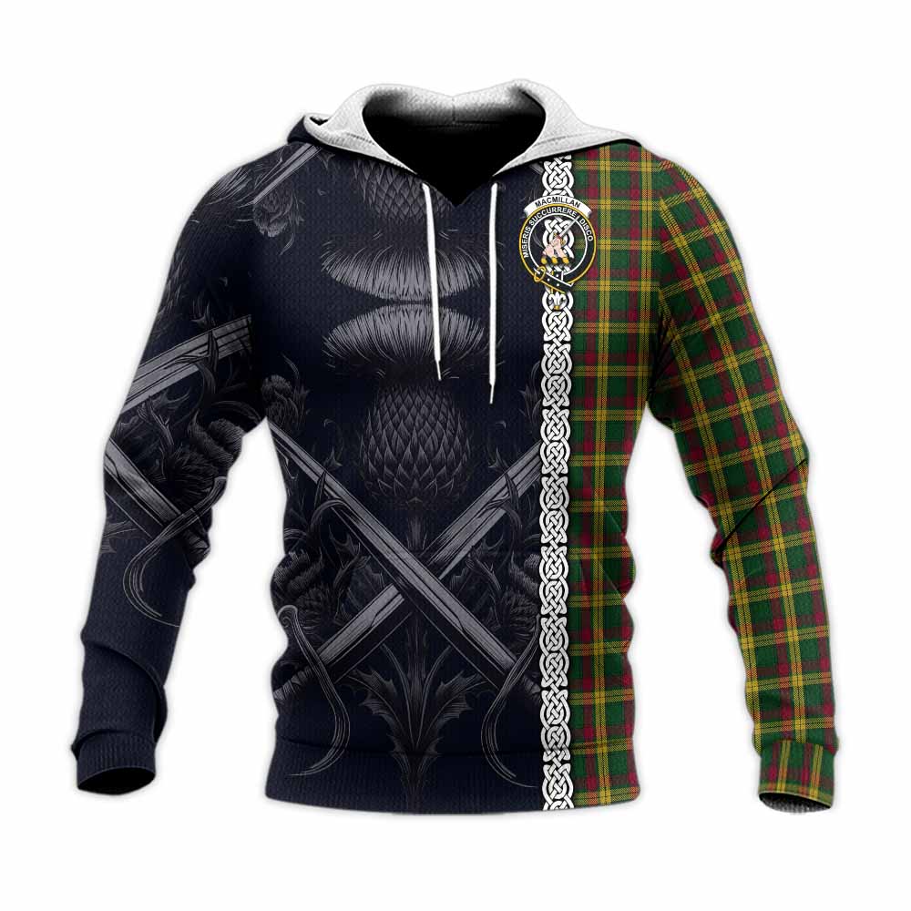 Tartan Vibes Clothing MacMillan (McMillan) Tartan Knitted Hoodie with Family Crest Cross Sword Thistle Celtic Vibes