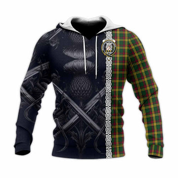 Tartan Vibes Clothing MacMillan (McMillan) Tartan Knitted Hoodie with Family Crest Cross Sword Thistle Celtic Vibes