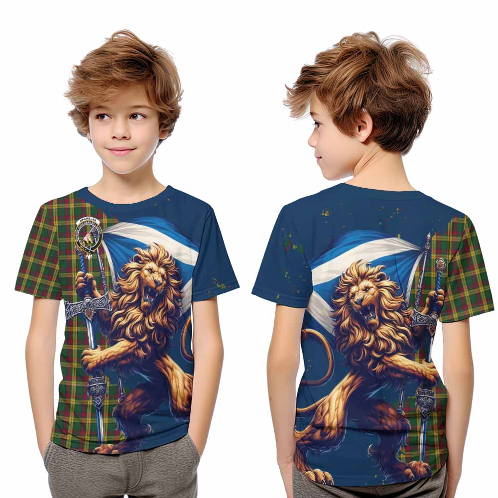 Tartan Vibes Clothing MacMillan (McMillan) Tartan Family Crest Kid T-Shirt with Scottish Majestic Lion