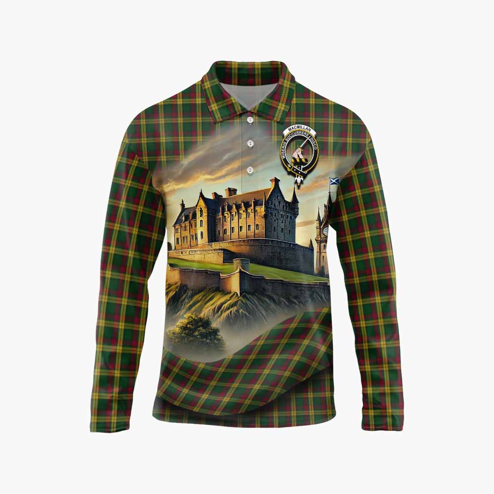 Tartan Vibes Clothing MacMillan (McMillan) Tartan Family Crest Long Sleeve Polo Shirt with Scottish Ancient Castle Style