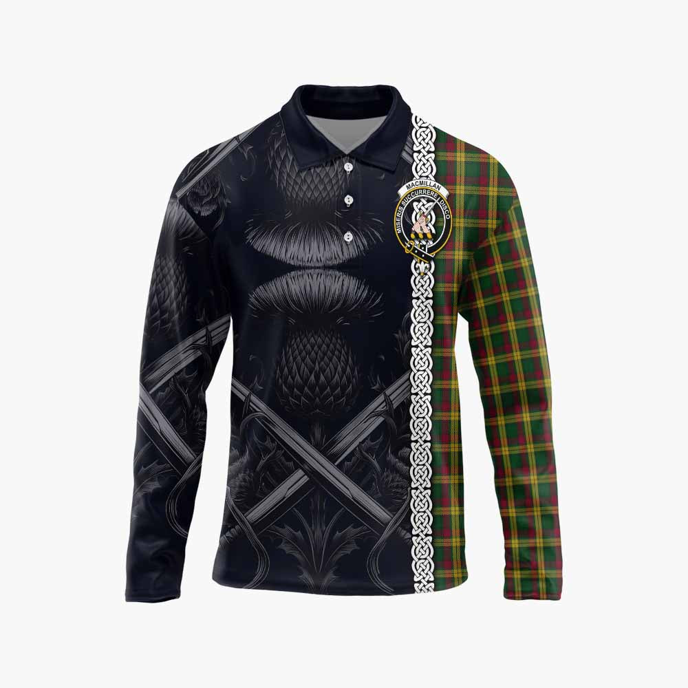 Tartan Vibes Clothing MacMillan (McMillan) Tartan Long Sleeve Polo Shirt with Family Crest Cross Sword Thistle Celtic Vibes