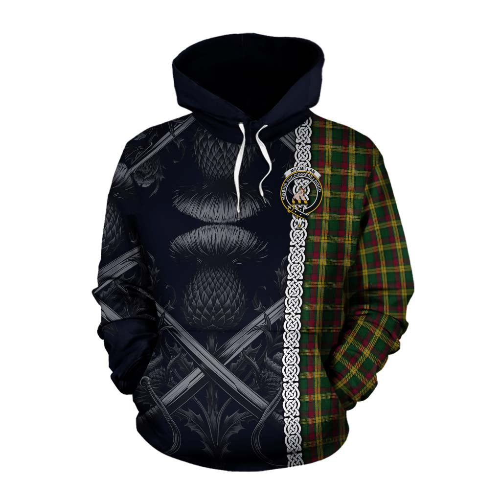 Tartan Vibes Clothing MacMillan (McMillan) Tartan Cotton Hoodie with Family Crest Cross Sword Thistle Celtic Vibes
