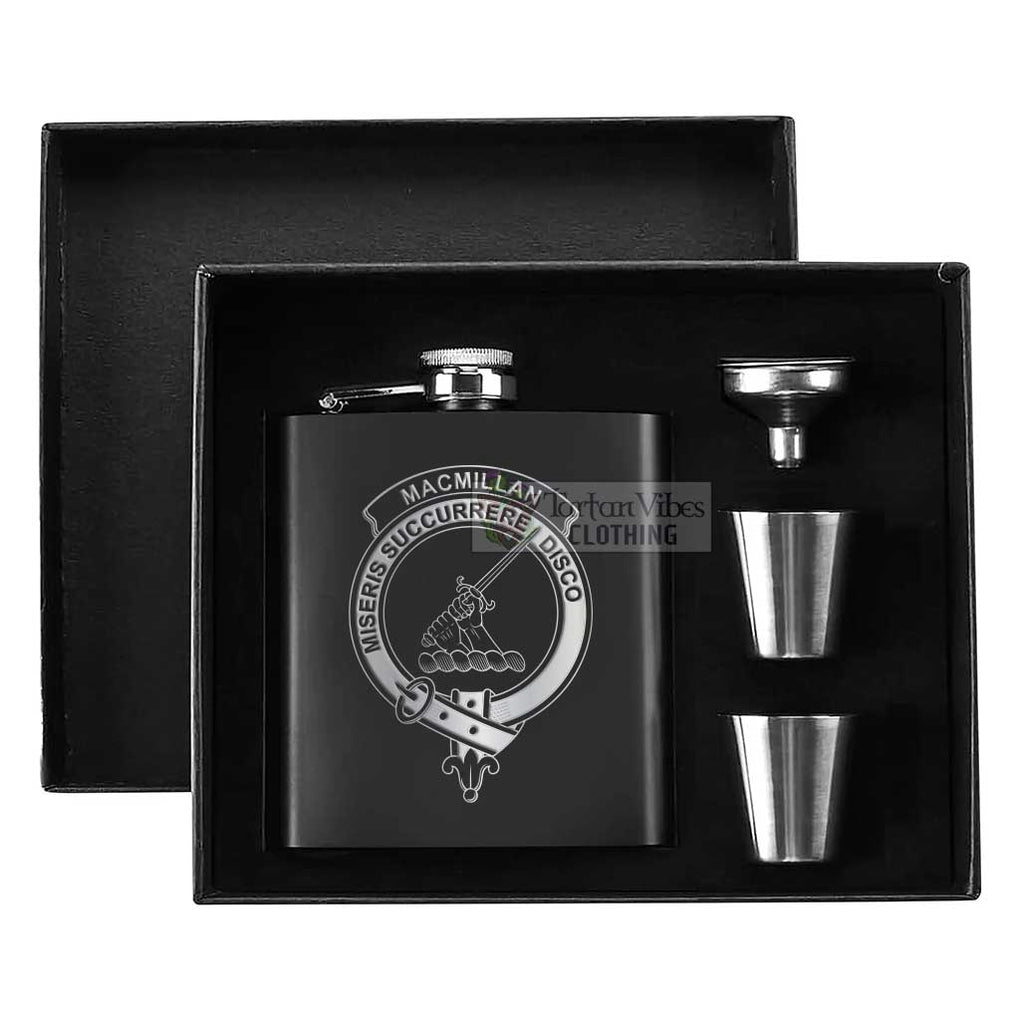Tartan Vibes Clothing MacMillan (McMillan) Crest Hip Flask Set 7oz Black Stainless Steel with A Gift Box