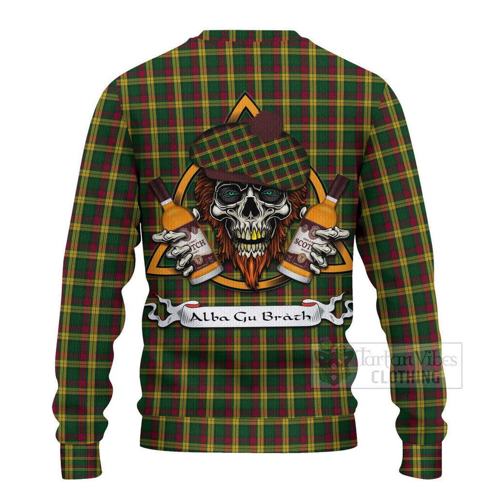 Tartan Vibes Clothing MacMillan (McMillan) Tartan Knitted Sweater with Family Crest and Bearded Skull Holding Bottles of Whiskey