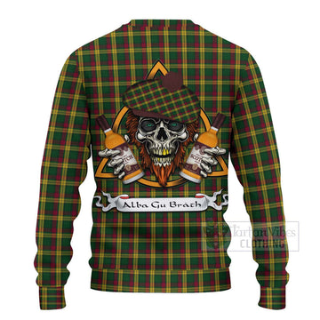 Tartan Vibes Clothing MacMillan (McMillan) Tartan Knitted Sweater with Family Crest and Bearded Skull Holding Bottles of Whiskey