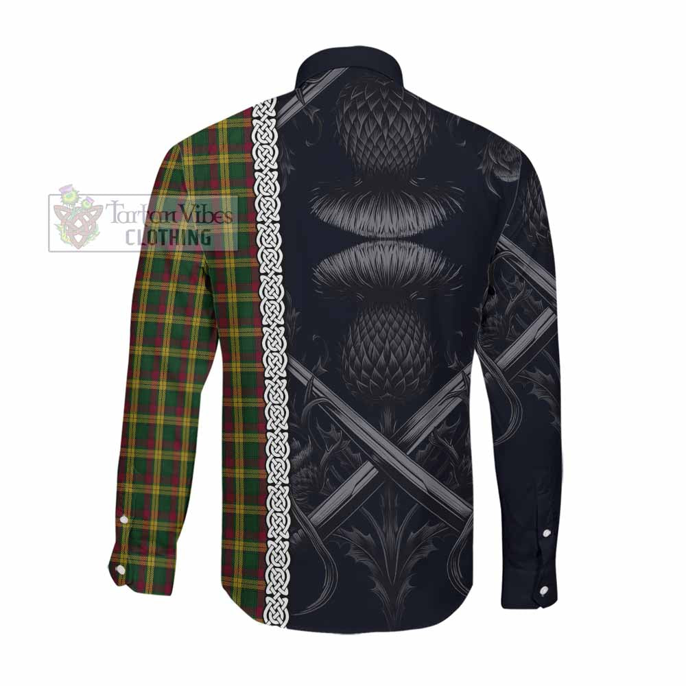 Tartan Vibes Clothing MacMillan (McMillan) Tartan Long Sleeve Button Shirt with Family Crest Cross Sword Thistle Celtic Vibes