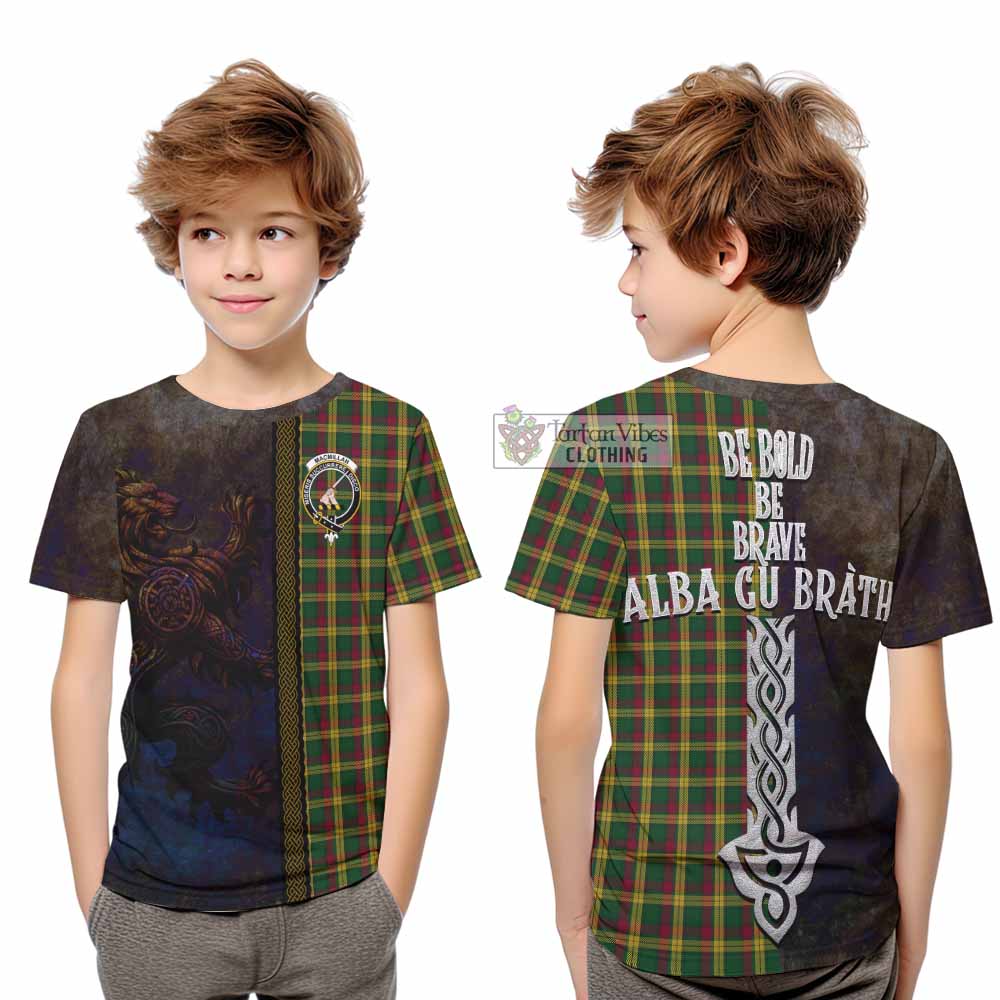 Tartan Vibes Clothing MacMillan (McMillan) Tartan Family Crest Kid T-Shirt Alba Gu Brath Be Brave Lion Ancient Style