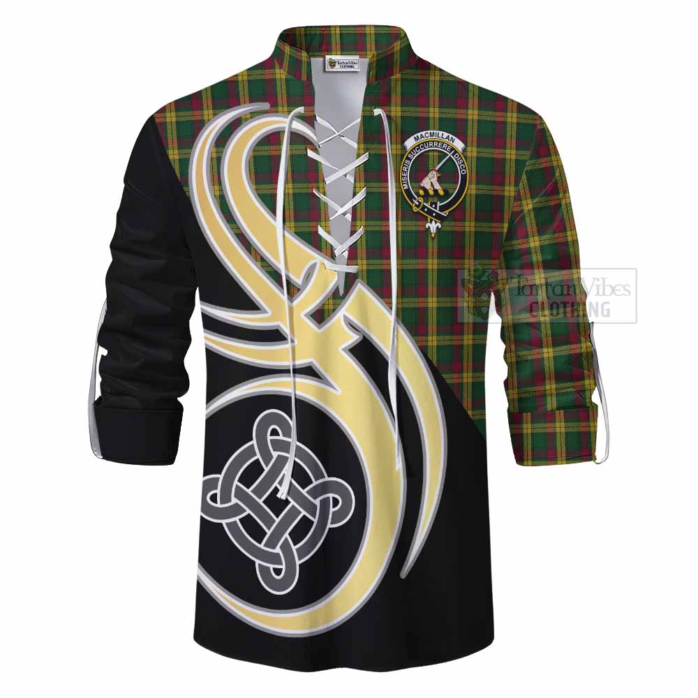 Tartan Vibes Clothing MacMillan (McMillan) Tartan Ghillie Kilt Shirt with Family Crest and Celtic Symbol Style