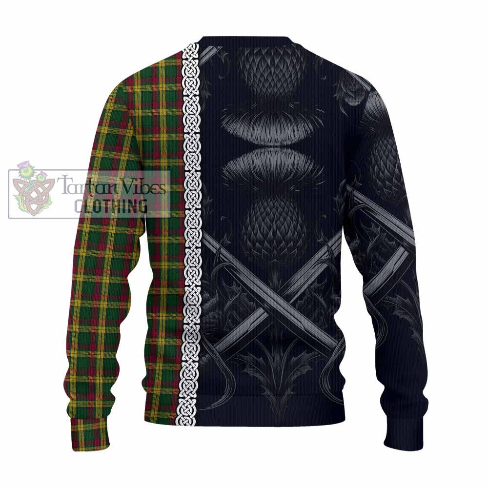 Tartan Vibes Clothing MacMillan (McMillan) Tartan Knitted Sweater with Family Crest Cross Sword Thistle Celtic Vibes