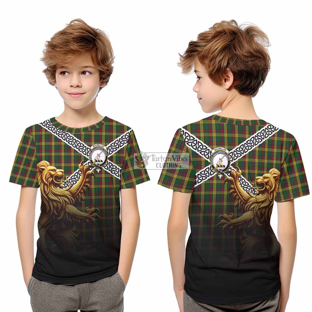 Tartan Vibes Clothing MacMillan (McMillan) Crest Tartan Kid T-Shirt with Golden Lion Emblem Celtic Style