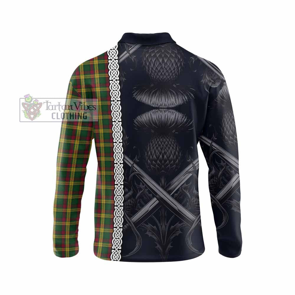 Tartan Vibes Clothing MacMillan (McMillan) Tartan Long Sleeve Polo Shirt with Family Crest Cross Sword Thistle Celtic Vibes