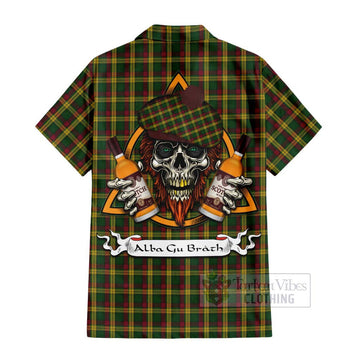 MacMillan (McMillan) Tartan Hawaiian Shirt with Family Crest and Bearded Skull Holding Bottles of Whiskey
