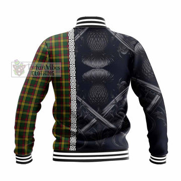 Tartan Vibes Clothing MacMillan (McMillan) Tartan Baseball Jacket with Family Crest Cross Sword Thistle Celtic Vibes