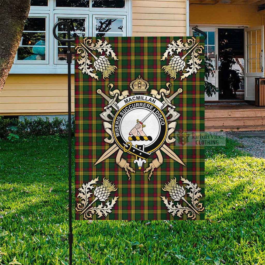 Tartan Vibes Clothing MacMillan (McMillan) Tartan Flag with Family Crest and Golden Thistle Crossed Sword Design