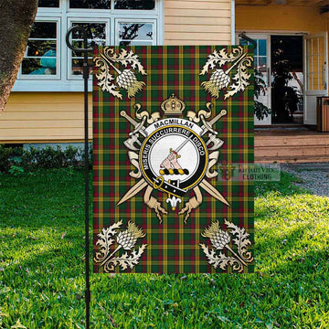 Tartan Vibes Clothing MacMillan (McMillan) Tartan Flag with Family Crest and Golden Thistle Crossed Sword Design