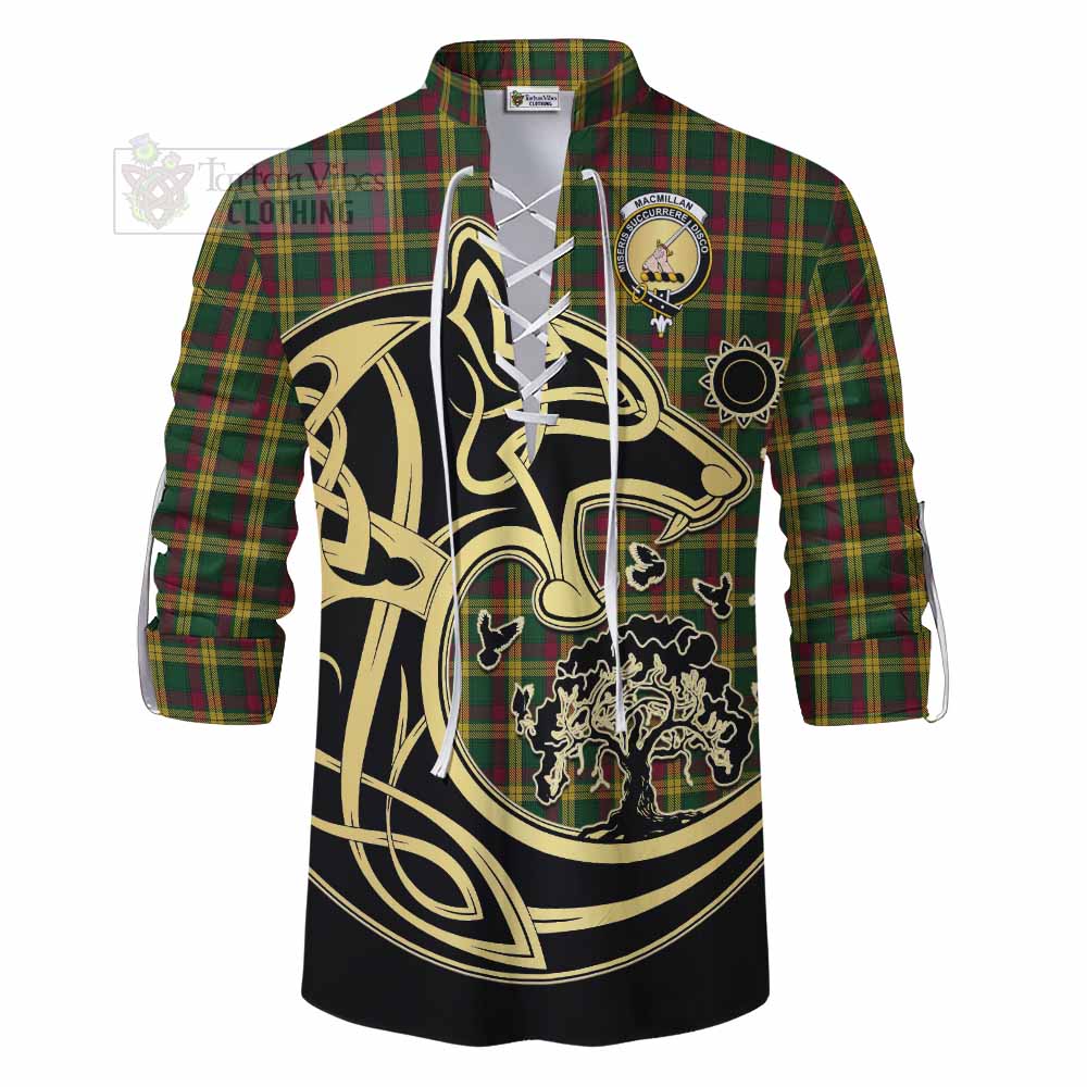 Tartan Vibes Clothing MacMillan (McMillan) Tartan Ghillie Kilt Shirt with Family Crest Celtic Wolf Style