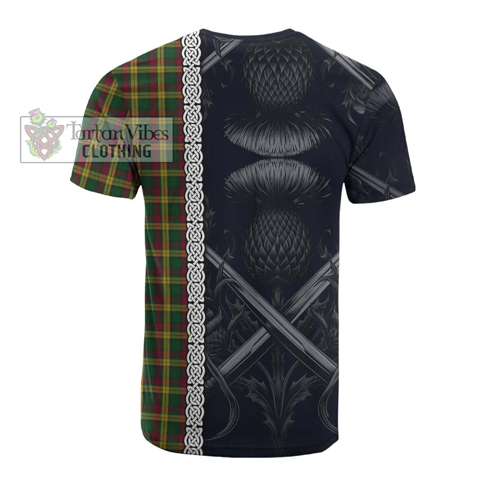 Tartan Vibes Clothing MacMillan (McMillan) Tartan Cotton T-shirt with Family Crest Cross Sword Thistle Celtic Vibes