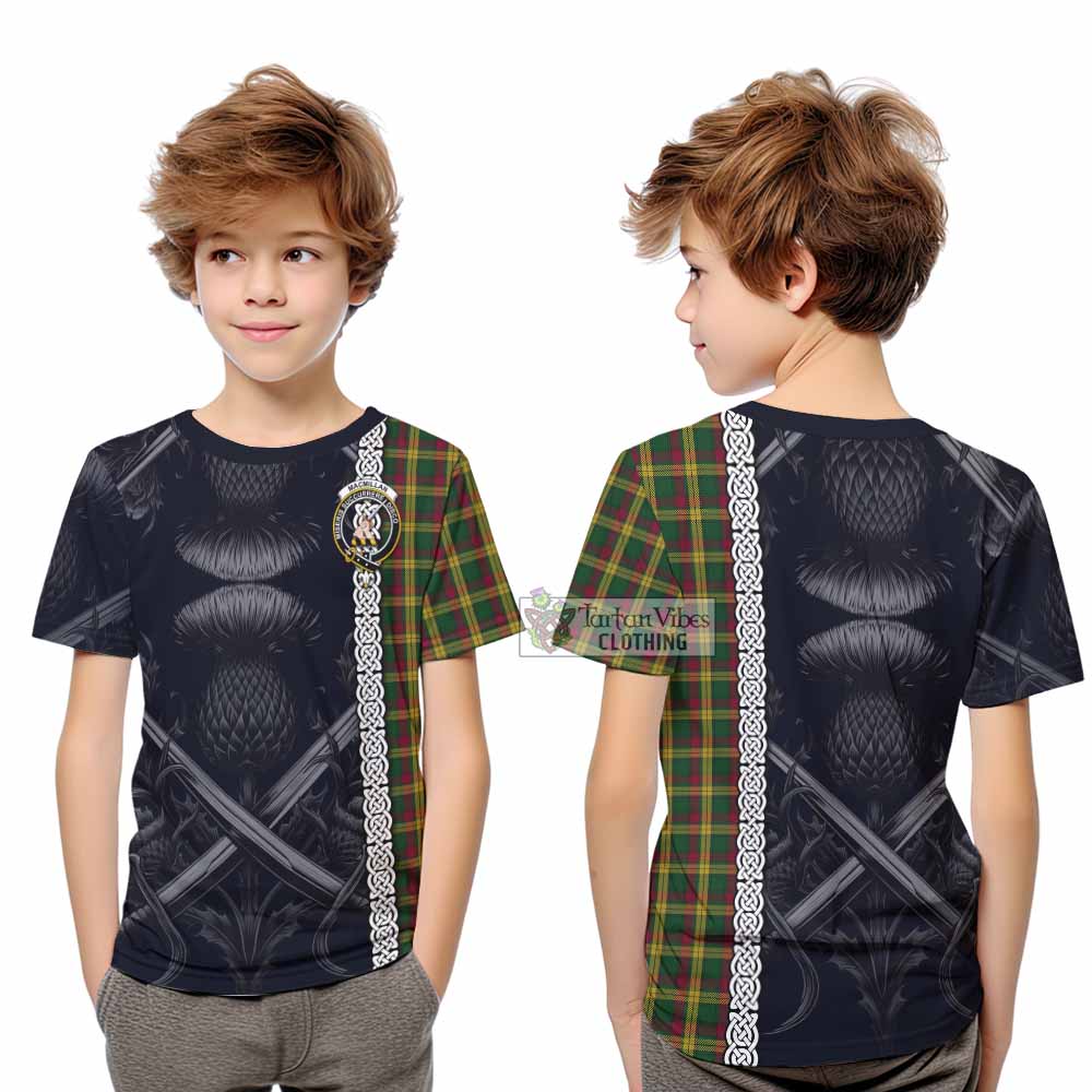Tartan Vibes Clothing MacMillan (McMillan) Tartan Kid T-Shirt with Family Crest Cross Sword Thistle Celtic Vibes