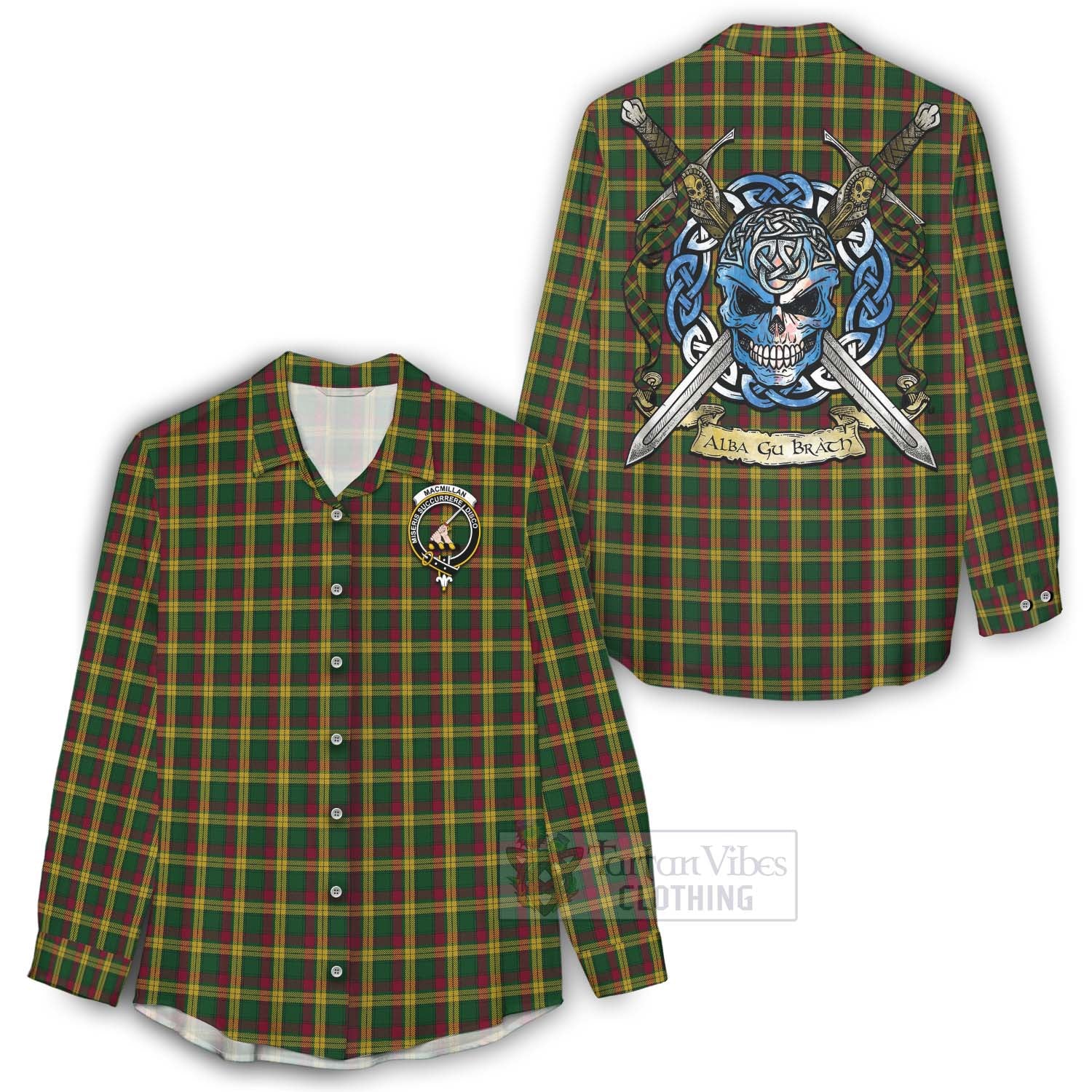 Tartan Vibes Clothing MacMillan (McMillan) Tartan Women's Casual Shirt with Family Crest Celtic Skull Style