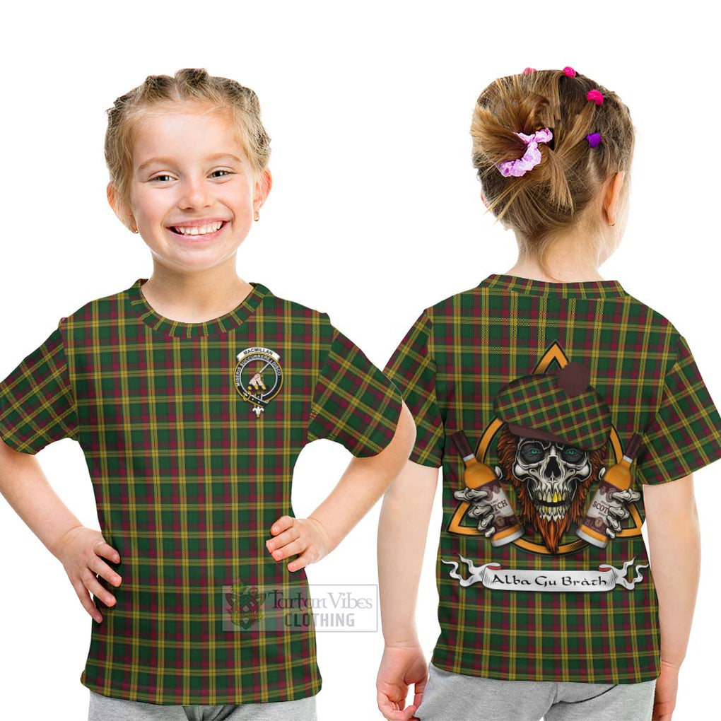 Tartan Vibes Clothing MacMillan (McMillan) Tartan Kid T-Shirt with Family Crest and Bearded Skull Holding Bottles of Whiskey