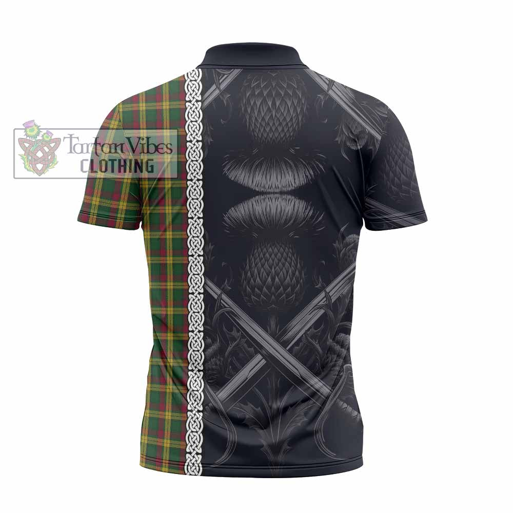 Tartan Vibes Clothing MacMillan (McMillan) Tartan Zipper Polo Shirt with Family Crest Cross Sword Thistle Celtic Vibes