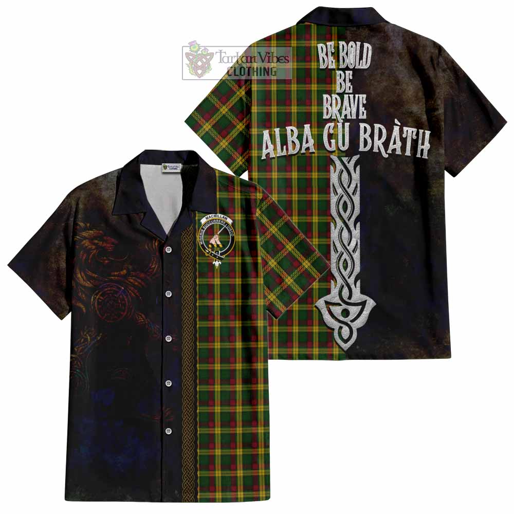 Tartan Vibes Clothing MacMillan (McMillan) Tartan Family Crest Short Sleeve Button Shirt Alba Gu Brath Be Brave Lion Ancient Style