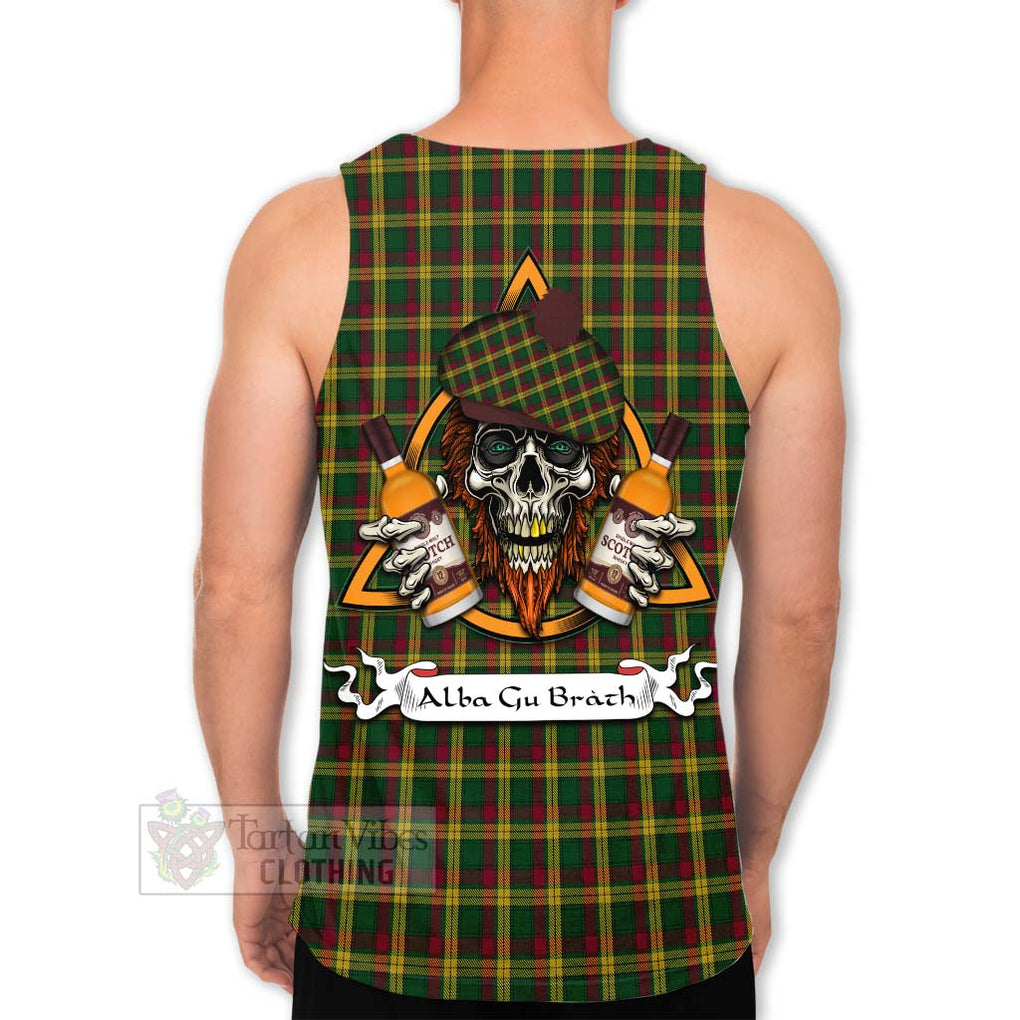 Tartan Vibes Clothing MacMillan (McMillan) Tartan Men's Tank Top with Family Crest and Bearded Skull Holding Bottles of Whiskey