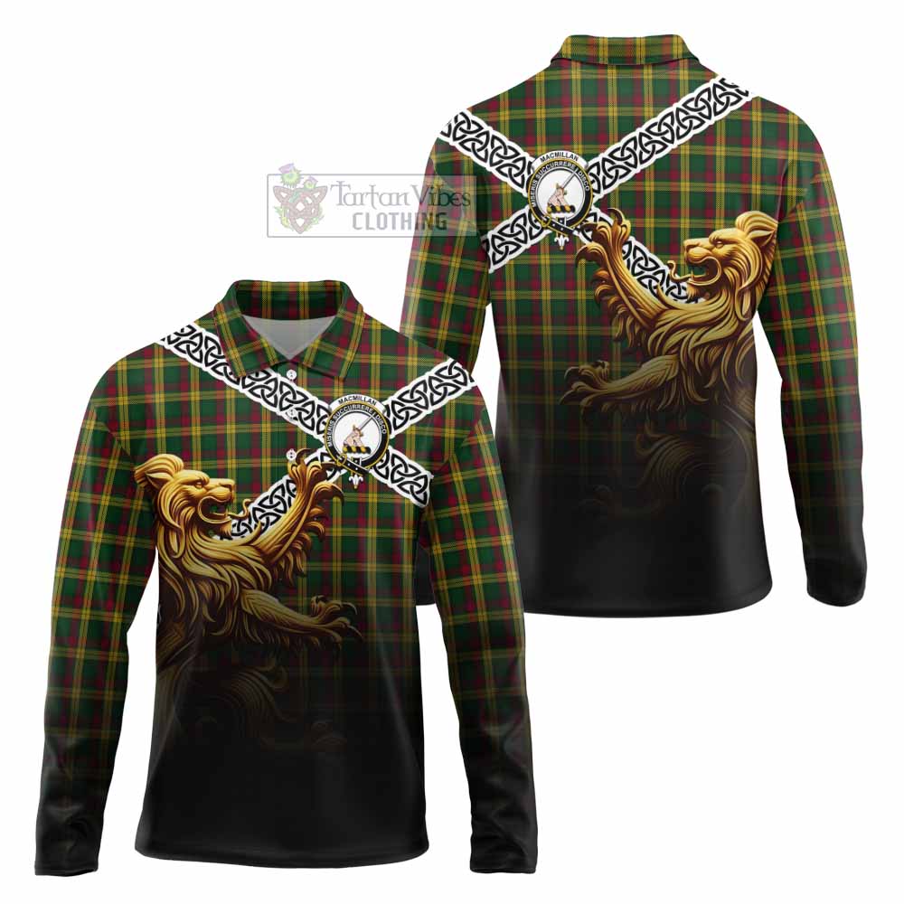 Tartan Vibes Clothing MacMillan (McMillan) Crest Tartan Long Sleeve Polo Shirt with Golden Lion Emblem Celtic Style