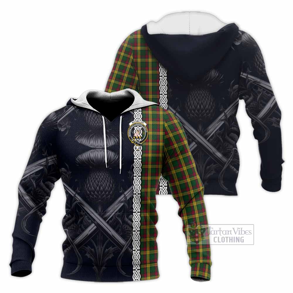 Tartan Vibes Clothing MacMillan (McMillan) Tartan Knitted Hoodie with Family Crest Cross Sword Thistle Celtic Vibes
