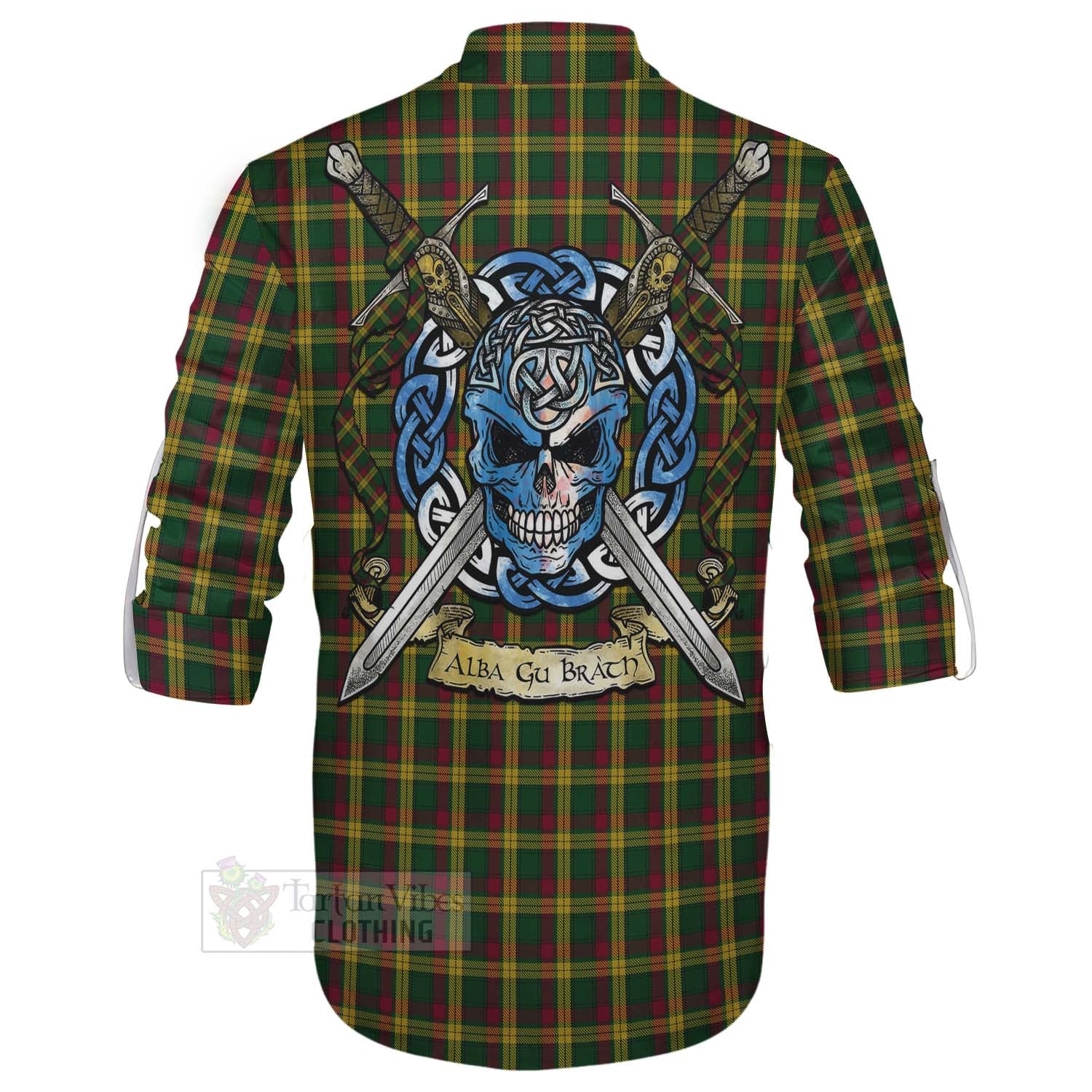 Tartan Vibes Clothing MacMillan (McMillan) Tartan Ghillie Kilt Shirt with Family Crest Celtic Skull Style