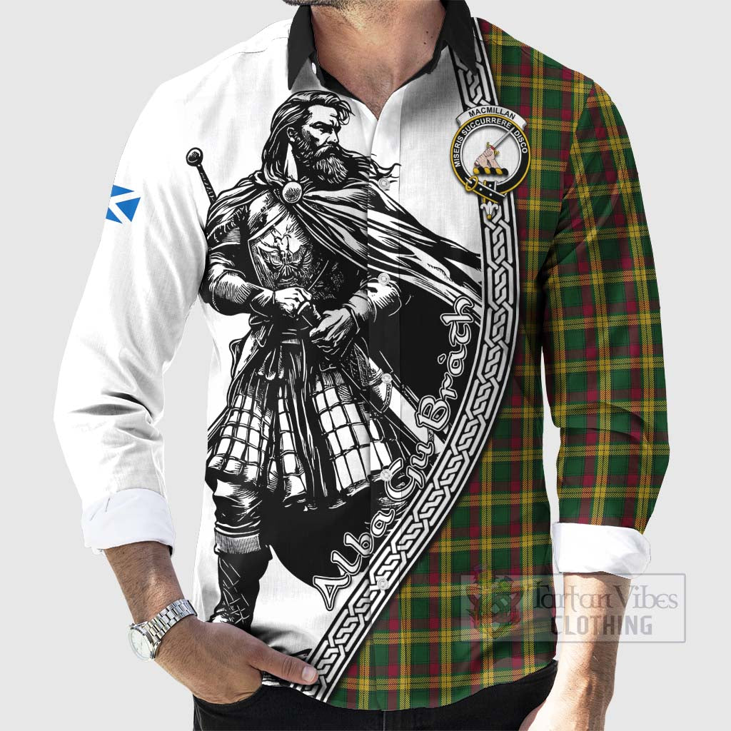 Tartan Vibes Clothing MacMillan (McMillan) Tartan Clan Crest Long Sleeve Button Shirt with Highlander Warrior Celtic Style