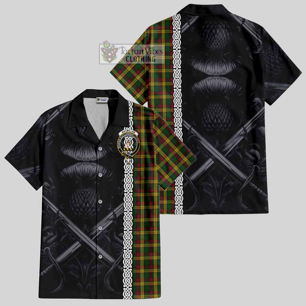 Tartan Vibes Clothing MacMillan (McMillan) Tartan Short Sleeve Button Shirt with Family Crest Cross Sword Thistle Celtic Vibes