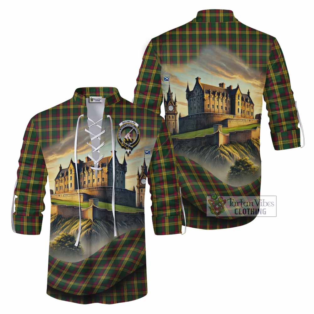 Tartan Vibes Clothing MacMillan (McMillan) Tartan Family Crest Ghillie Kilt Shirt with Scottish Ancient Castle Style
