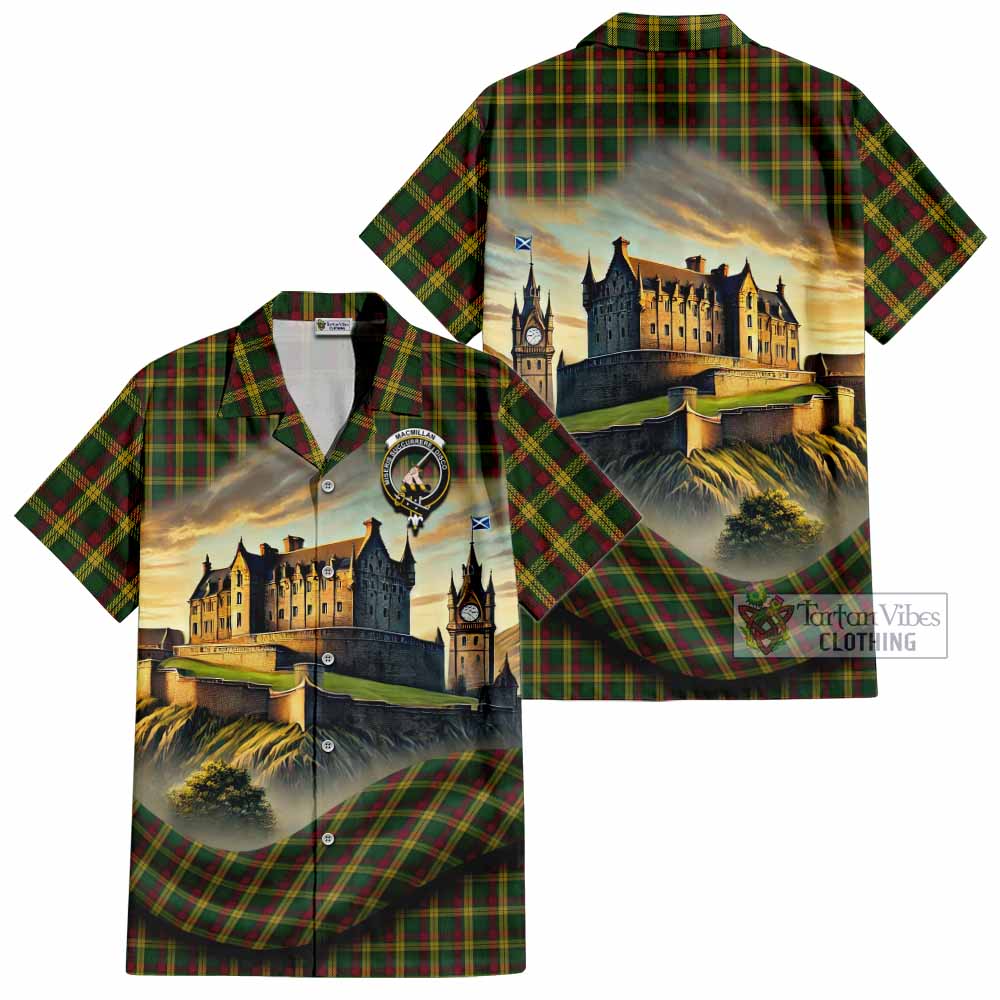 Tartan Vibes Clothing MacMillan (McMillan) Tartan Family Crest Short Sleeve Button Shirt with Scottish Ancient Castle Style