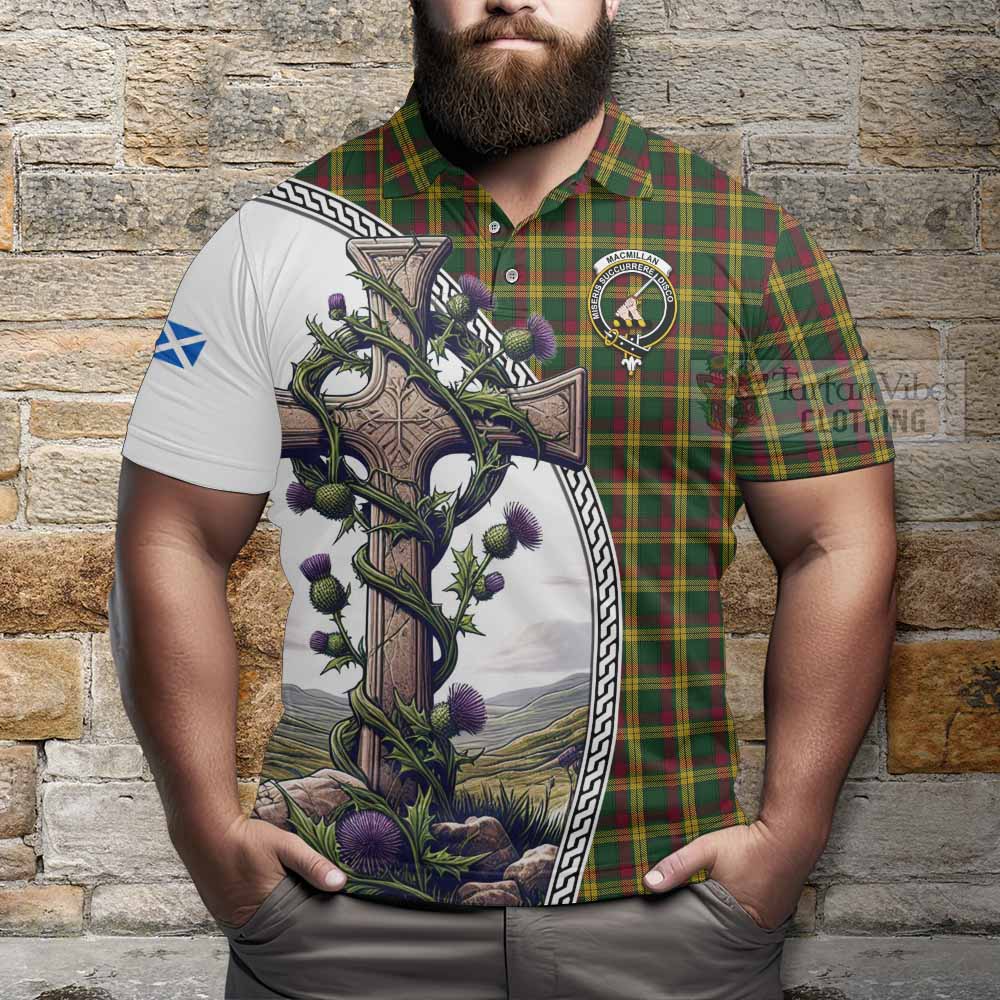 Tartan Vibes Clothing MacMillan (McMillan) Tartan Polo Shirt with Family Crest and St. Andrew's Cross Accented by Thistle Vines