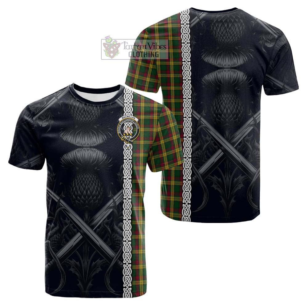 Tartan Vibes Clothing MacMillan (McMillan) Tartan Cotton T-shirt with Family Crest Cross Sword Thistle Celtic Vibes