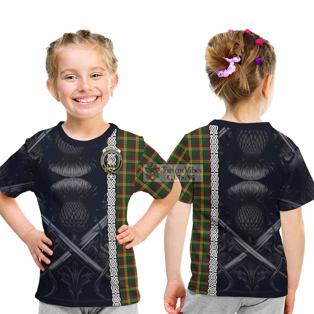 Tartan Vibes Clothing MacMillan (McMillan) Tartan Kid T-Shirt with Family Crest Cross Sword Thistle Celtic Vibes