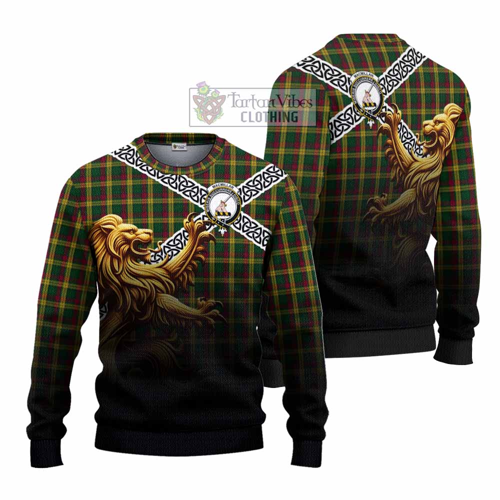 Tartan Vibes Clothing MacMillan (McMillan) Crest Tartan Knitted Sweater with Golden Lion Emblem Celtic Style